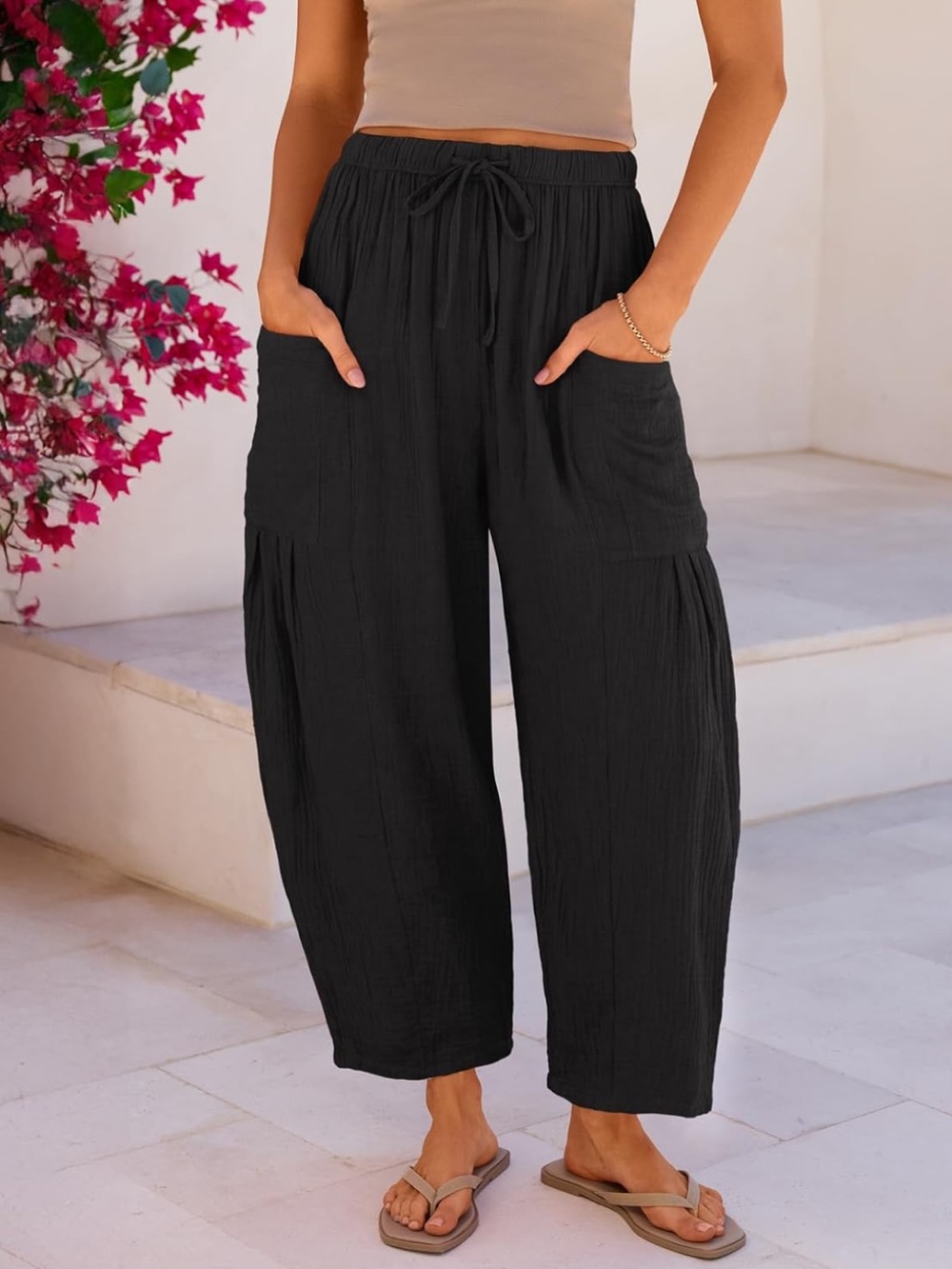 Linen Rayon Free People style wide leg Black Elastic Waist Casual Pants Pockets